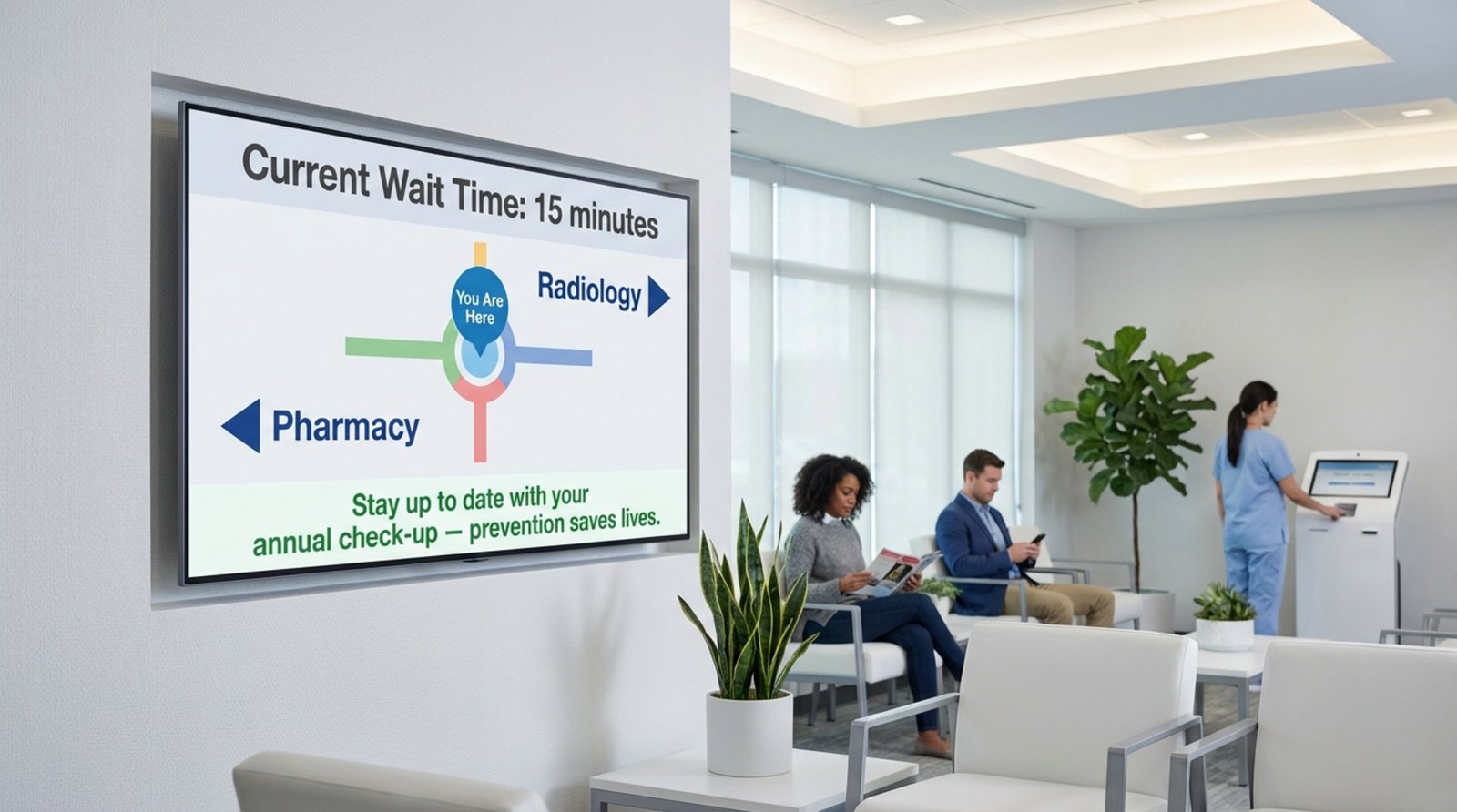 A large digital screen in a modern hospital waiting area displaying wait times, directions, and health tips, conveying efficiency and care.