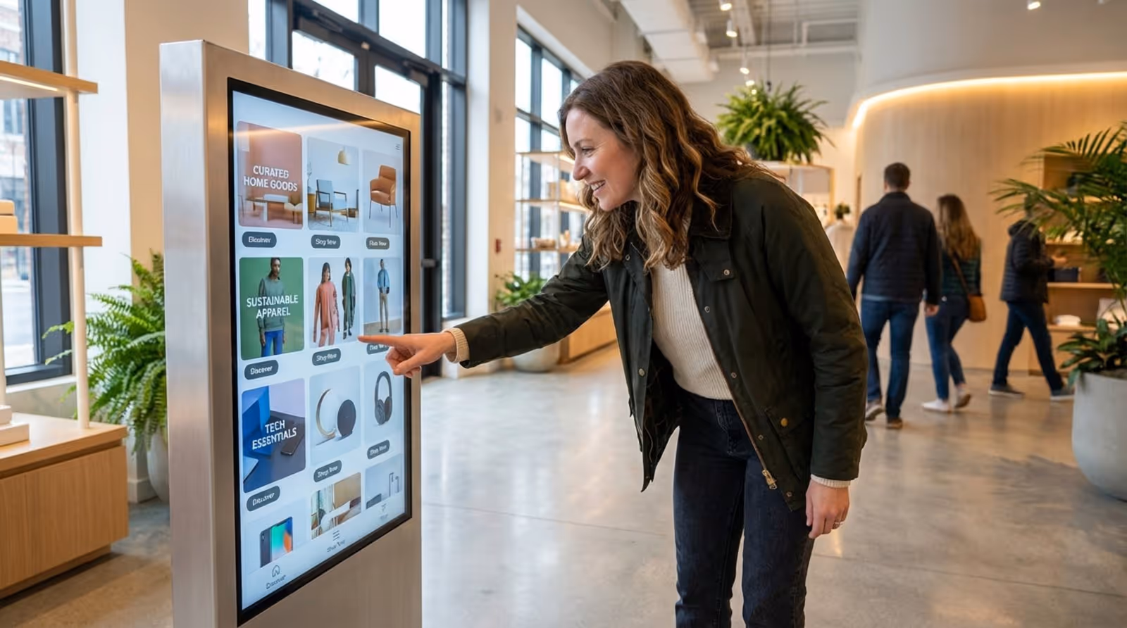 A person interacts with a large vertical touchscreen kiosk in a modern store, highlighting customer engagement with digital product catalogs.
