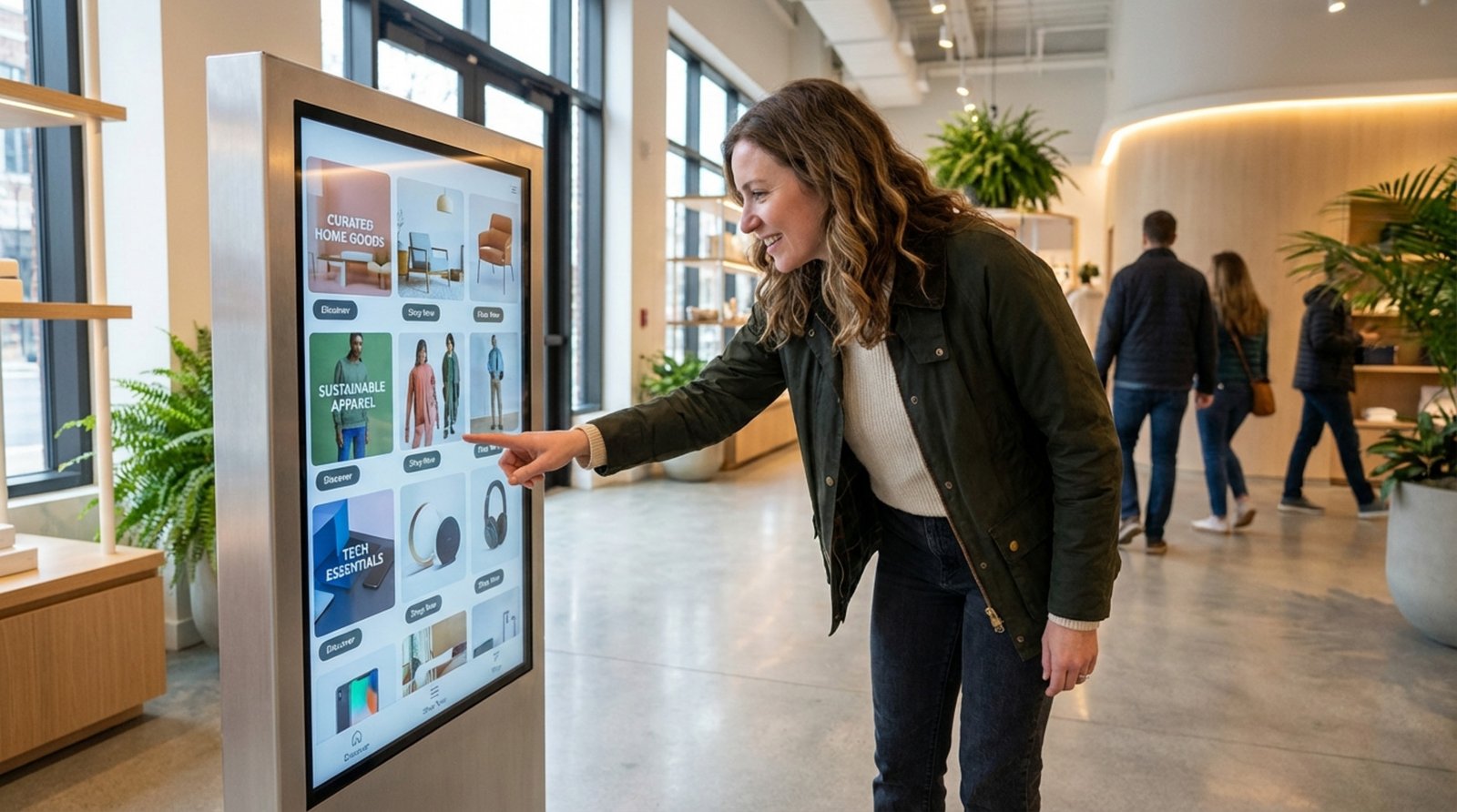 A person interacts with a large vertical touchscreen kiosk in a modern store, highlighting customer engagement with digital product catalogs.