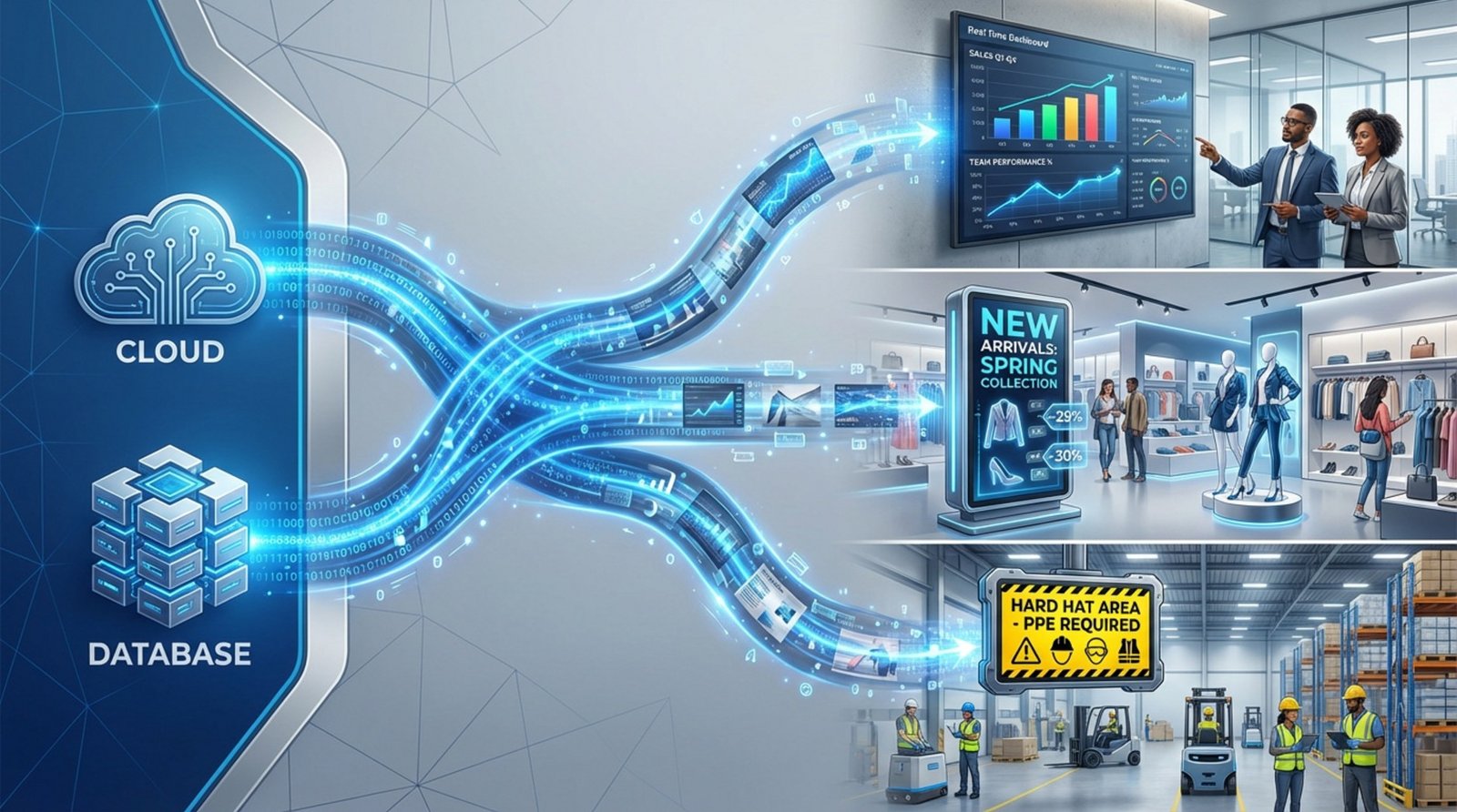A modern infographic showing how digital signage links data to physical spaces with glowing data streams connecting cloud and database icons to screens in an office, retail, and warehouse.
