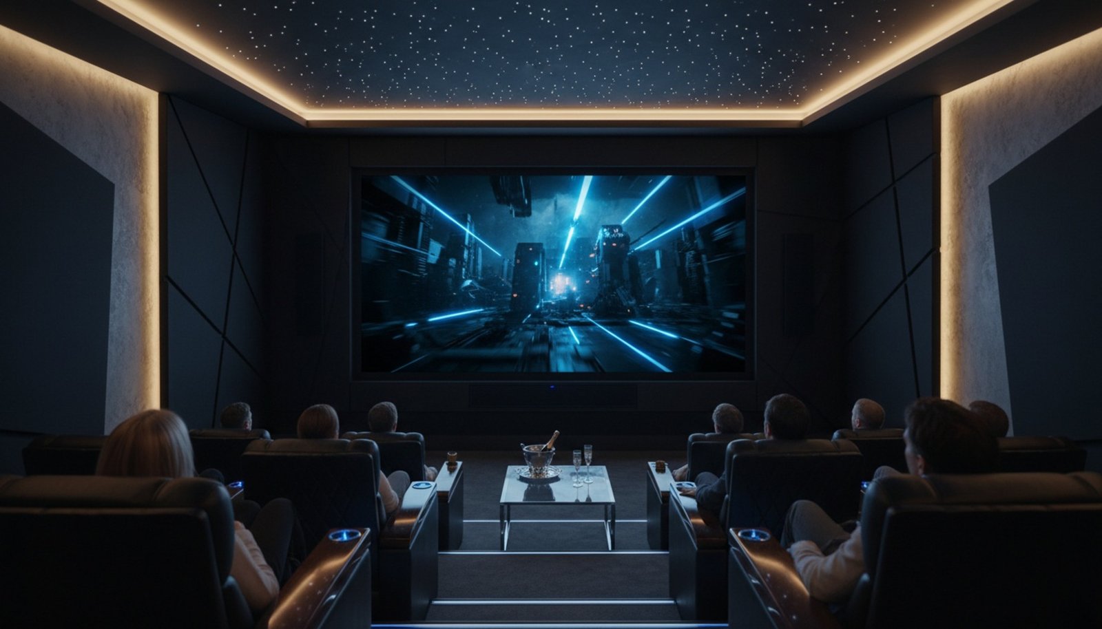 A luxurious private home cinema featuring a large LG Magnit screen displaying a movie scene with immersive contrast and deep blacks.