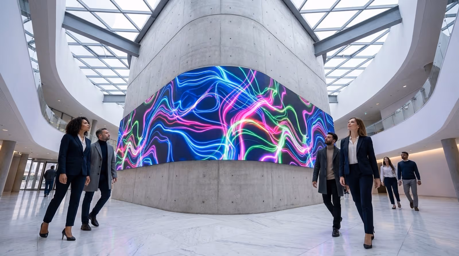 A photorealistic view of a futuristic building's atrium featuring a Samsung The Wall display wrapped around a concrete pillar showing vibrant abstract digital art.