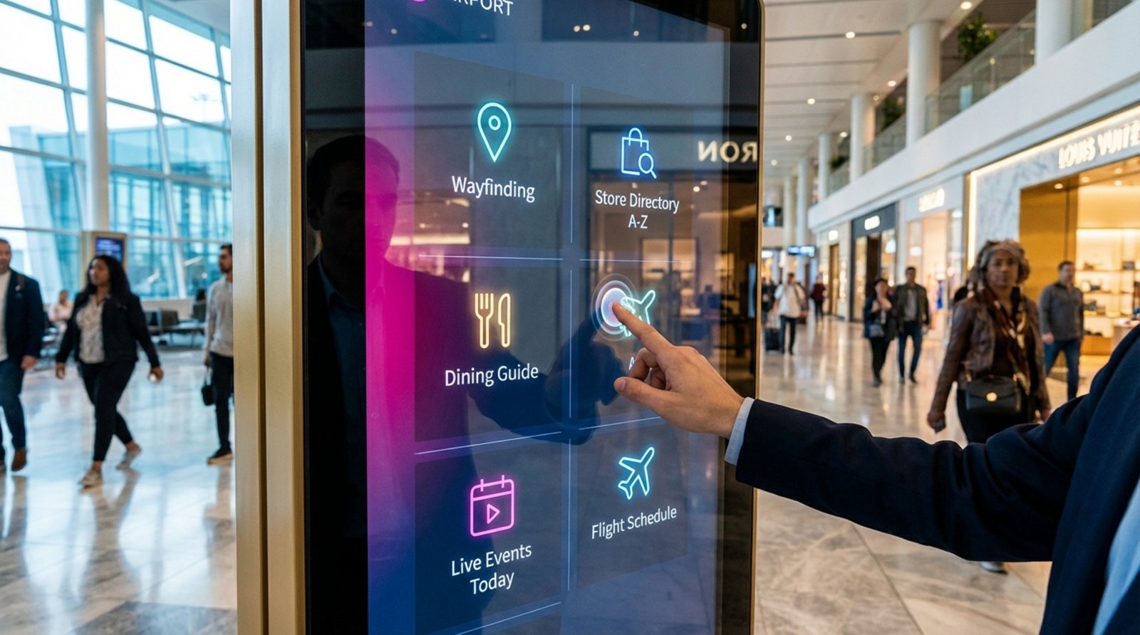 A person's hand interacts with a large digital signage screen in a bright modern airport or mall, showcasing an engaging menu with icons for navigation and information.