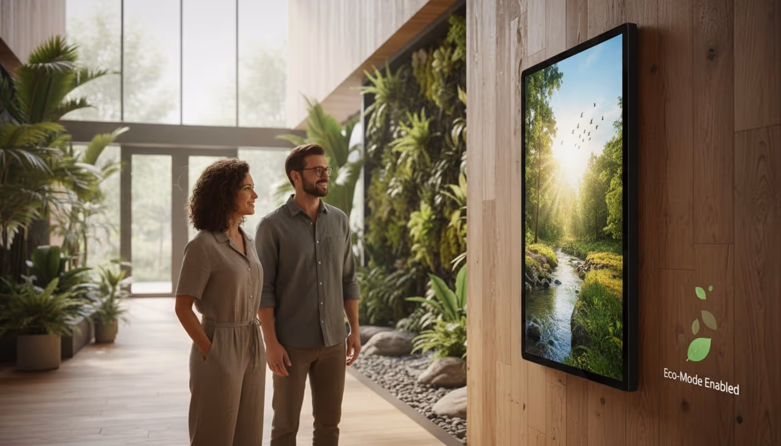 A sleek digital signage screen in a green, eco-friendly building lobby displaying Eco-Mode Enabled to promote sustainability.