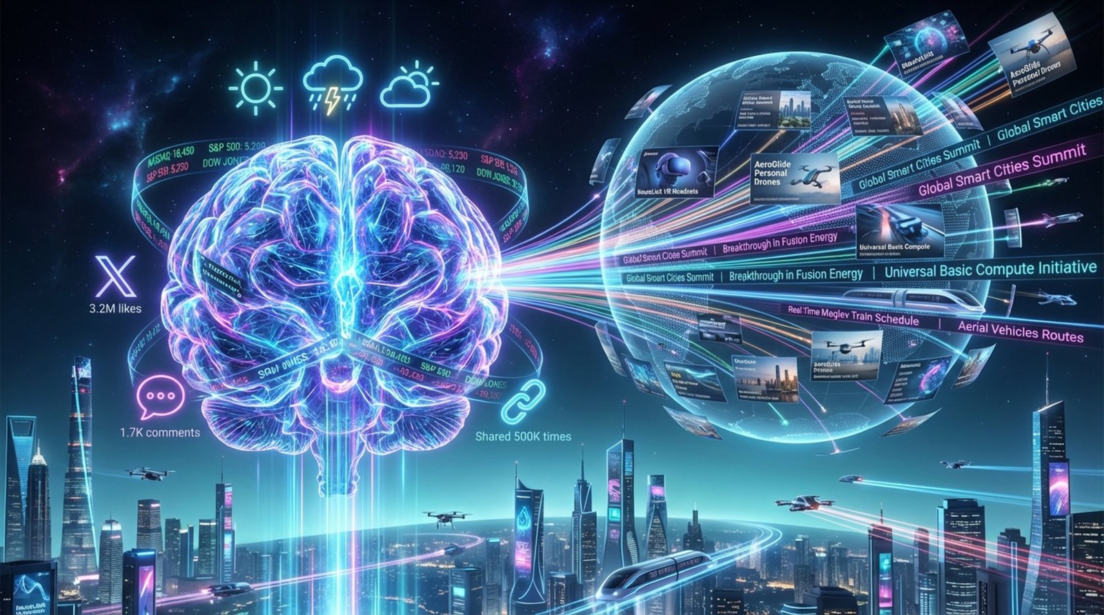 A glowing AI brain processes data and generates visual content for digital signage across a holographic globe.