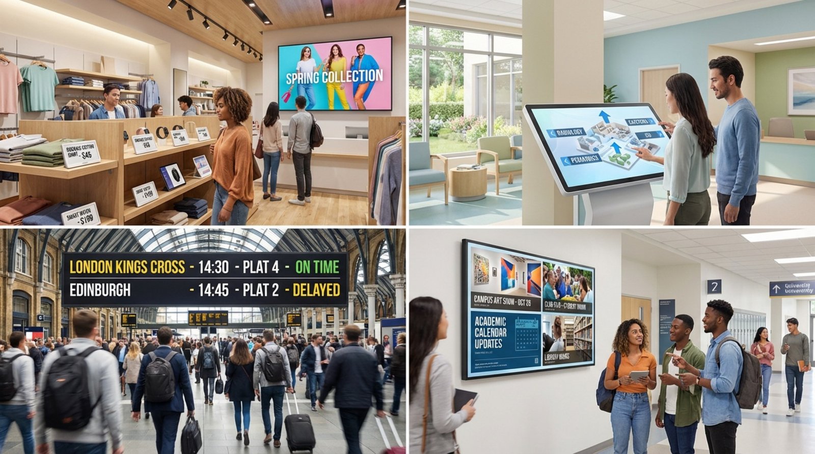 A four-panel illustration showing different digital signage uses including retail price tags, hospital wayfinding, train station boards, and university notice boards.