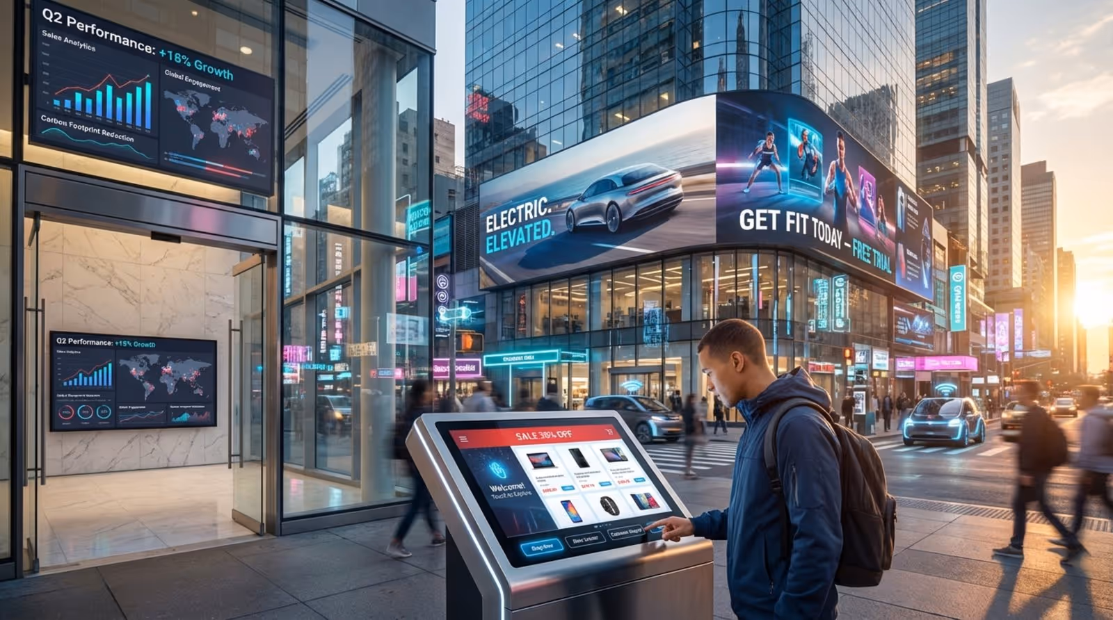 A vibrant city scene featuring modern digital signage applications including an interactive retail kiosk, a large video wall with advertisements, and a corporate dashboard display in a busy urban environment.