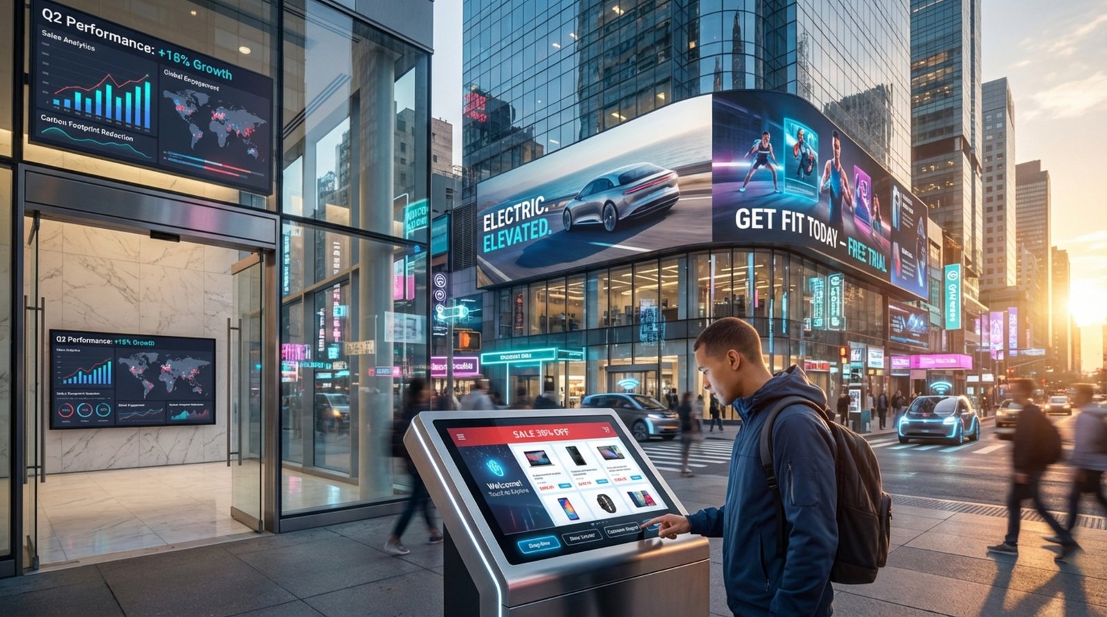 A vibrant city scene featuring modern digital signage applications including an interactive retail kiosk, a large video wall with advertisements, and a corporate dashboard display in a busy urban environment.