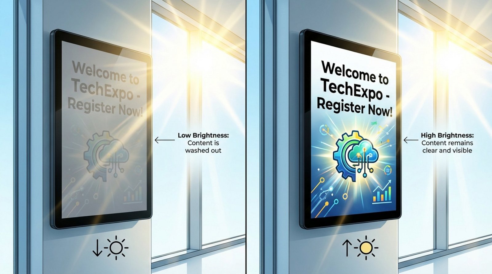 Split-screen infographic showing the difference in readability of a digital sign with low and high brightness in sunlight.