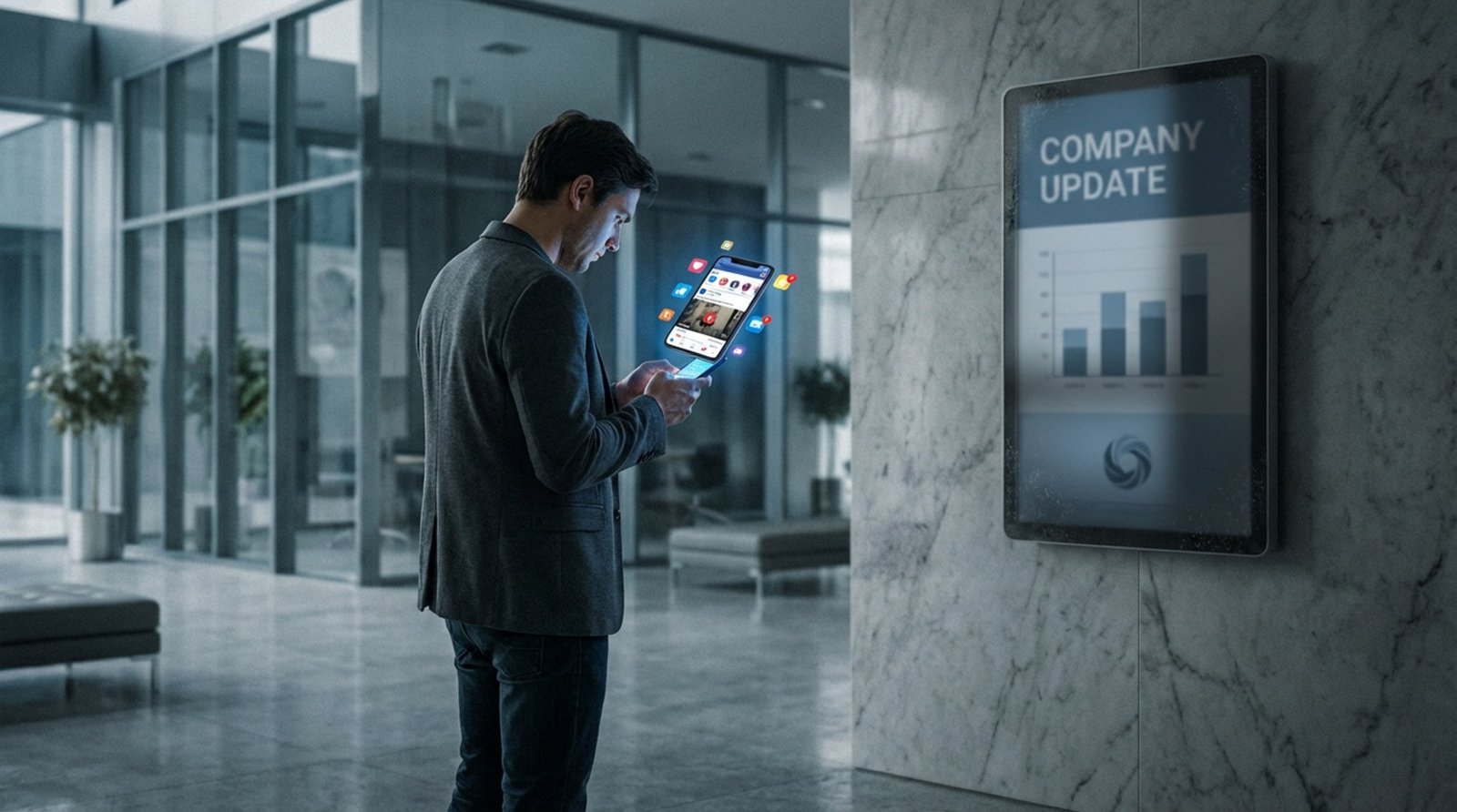 A person in an office lobby ignores a digital display while looking at their smartphone, illustrating banner blindness and inattentiveness to static content.