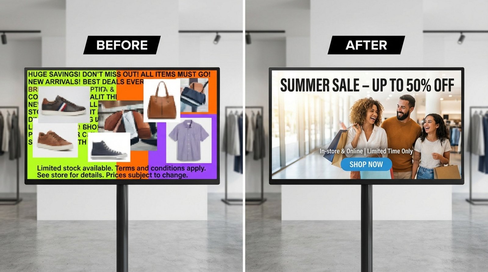 Comparison of two digital signage layouts showing cluttered versus clean and effective designs.