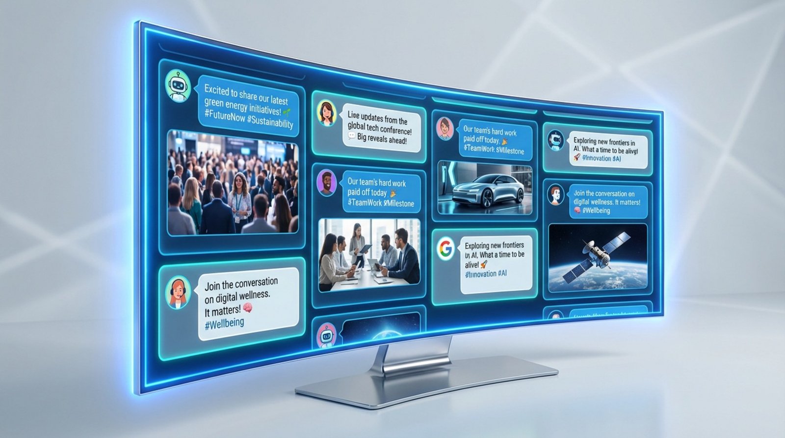 A digital illustration of a Twitter Wall displaying a collage of social media posts with avatars and text bubbles in a modern layout.