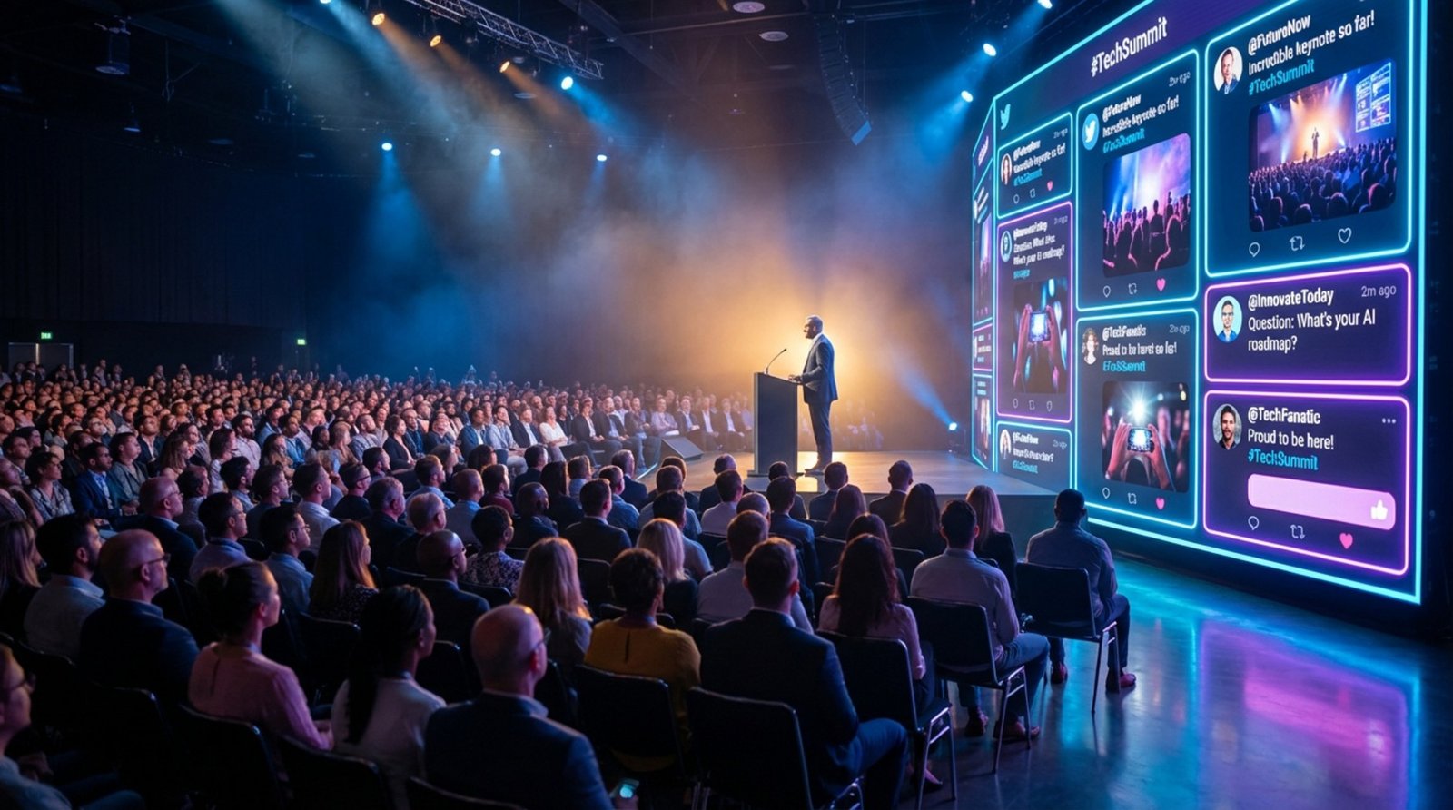 A crowded conference hall with an audience watching a keynote speaker and a large LED screen displaying a live Twitter feed with comments and questions.
