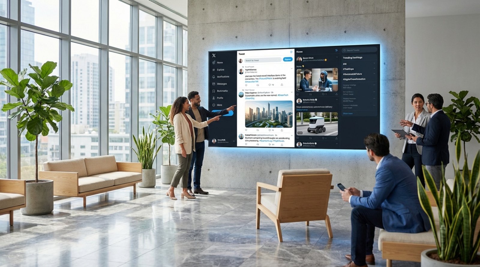 A sleek corporate lobby featuring a digital signage screen displaying a live Twitter feed with people engaging with the content.