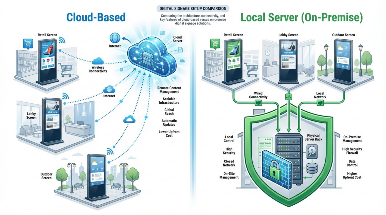 Comparison of cloud-based and local server digital signage setups with connected screens and security icons.