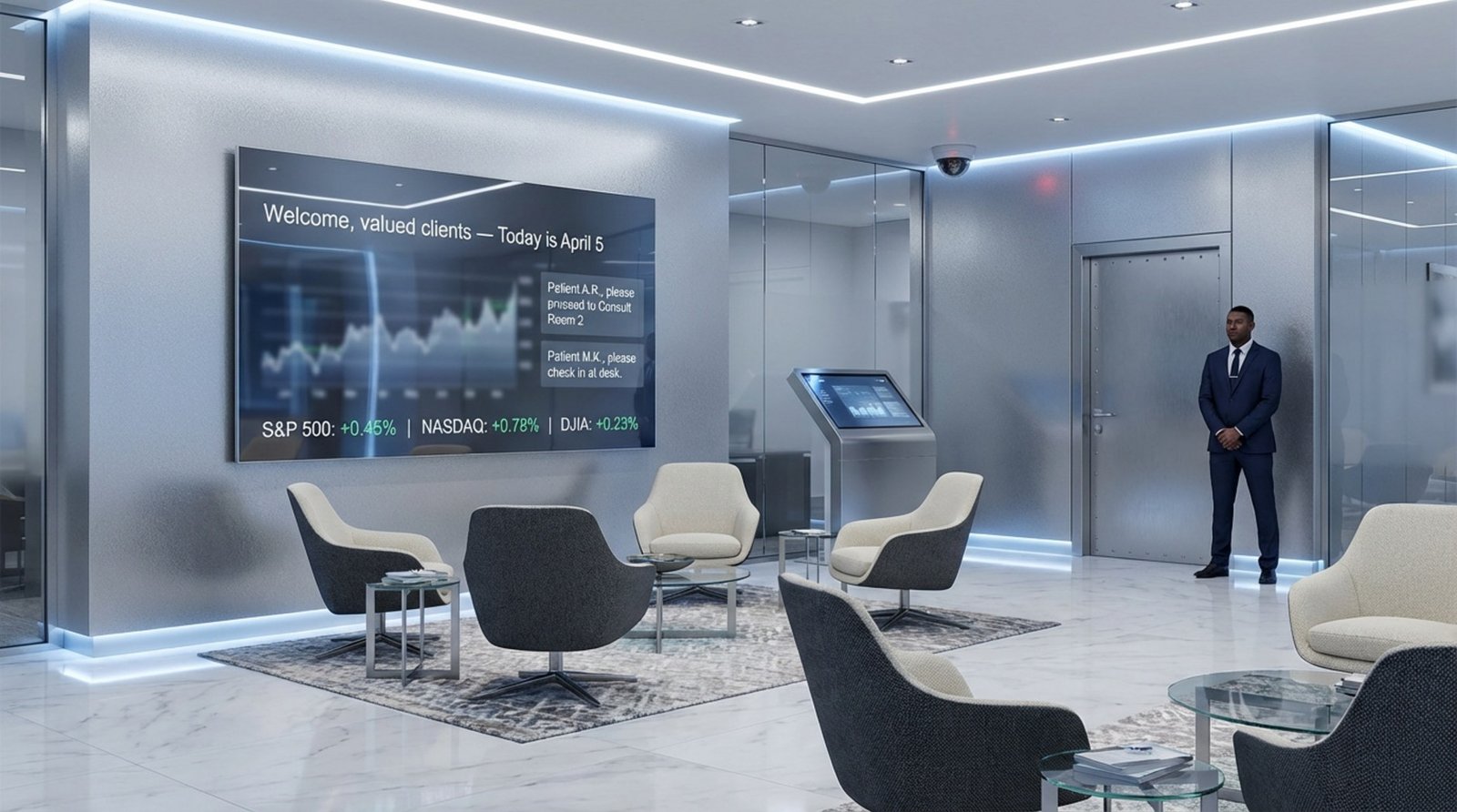A secure modern bank or healthcare waiting area featuring a digital signage screen displaying information in a professional environment.