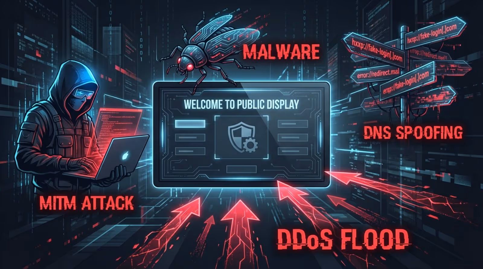 Stylized dark-themed illustration depicting digital signage security threats with symbolic metaphors for attacks surrounding a central screen.