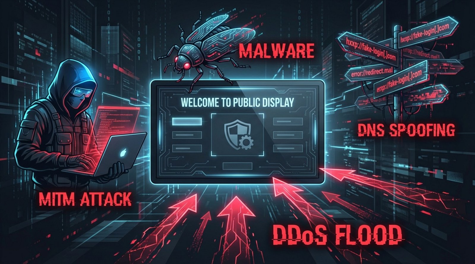 Stylized dark-themed illustration depicting digital signage security threats with symbolic metaphors for attacks surrounding a central screen.