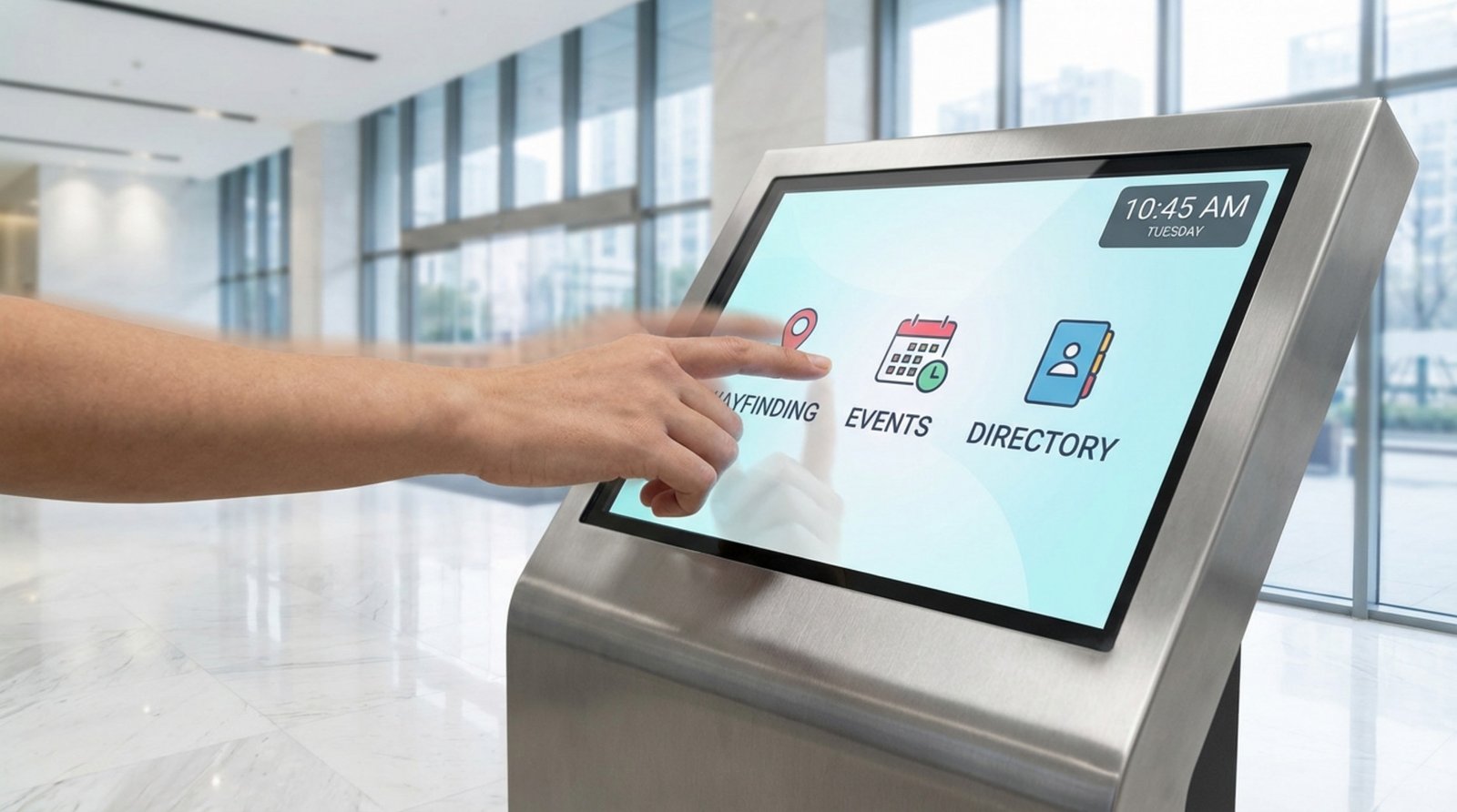 A person's hand interacts with a modern digital signage kiosk in a bright, contemporary lobby showing an intuitive interface.
