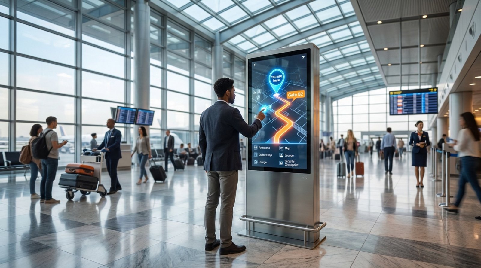 A traveler interacts with a large touchscreen map at a busy airport showing directions to Gate B2.