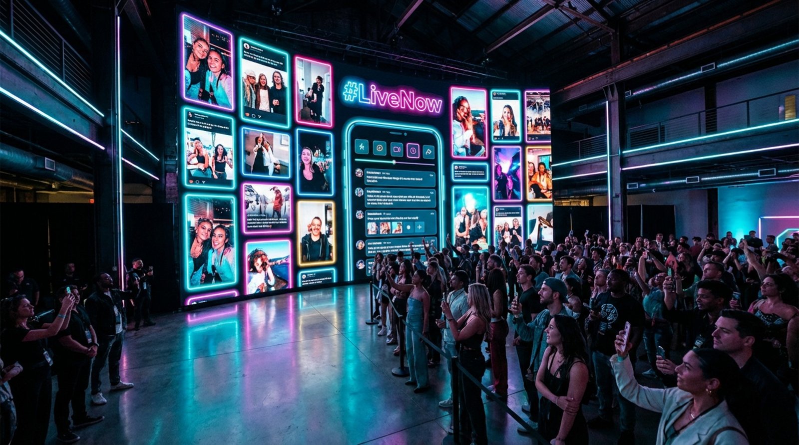 A large video wall displays a live social media feed with user posts at an energetic event space.