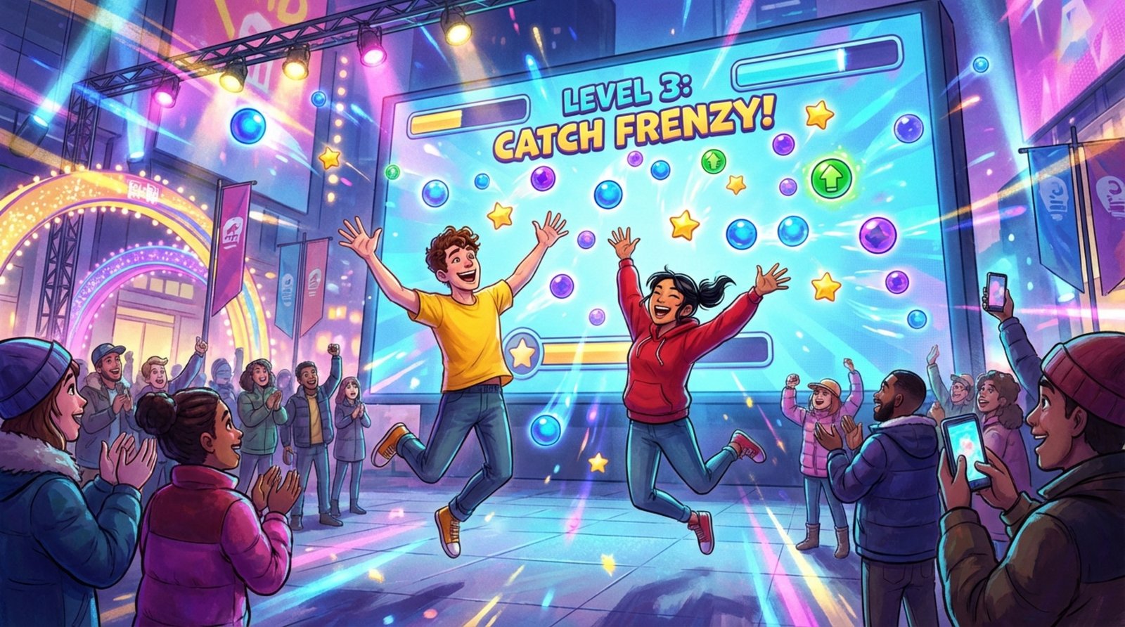 Two people enthusiastically play a gesture-controlled game on a large digital screen, capturing a lively and entertaining atmosphere at a public event.