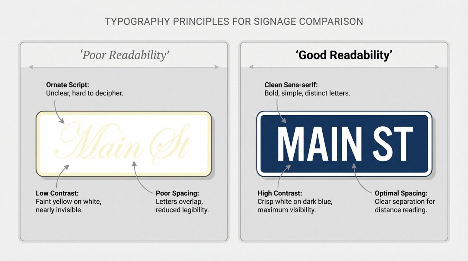 Comparison of two signage designs showing poor readability with decorative font and low contrast versus clear, high-contrast font for effective signage.
