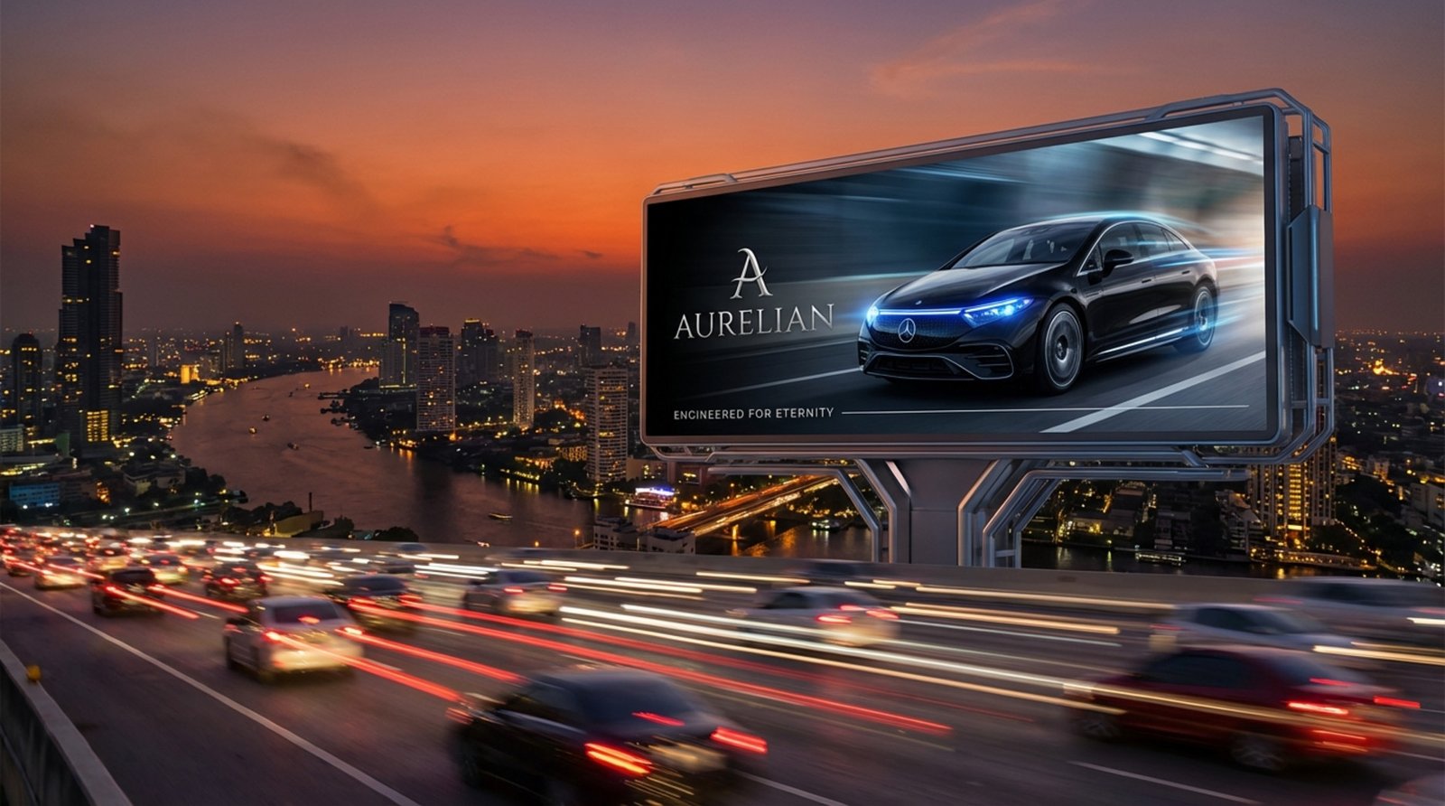 A digital billboard displays a luxury car ad alongside a busy highway at dusk with city lights twinkling.