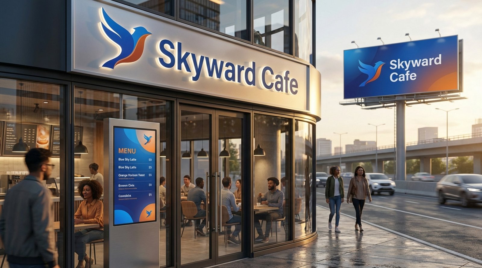 A cohesive display of brand logos across storefront, billboard, and digital menu demonstrating consistent brand identity.