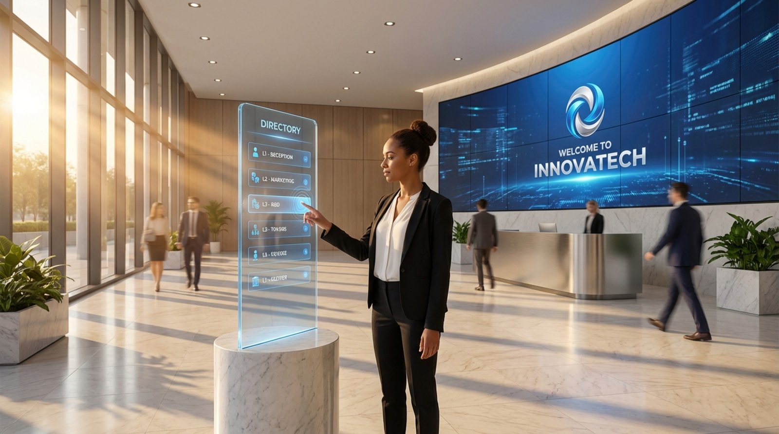 A professional interacts with a digital kiosk in a sleek corporate lobby showcasing digital signage technology.