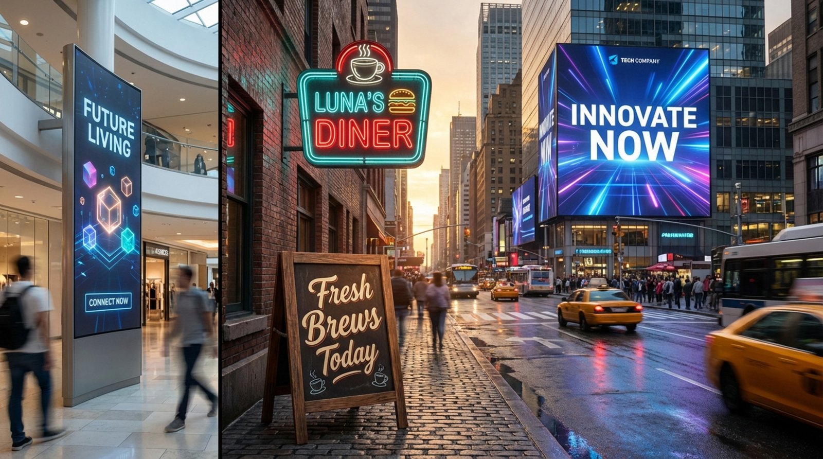 A vibrant collage showcasing various signage types including digital screens, neon signs, wooden A-frame signs, and large billboards illustrating diverse advertising methods.