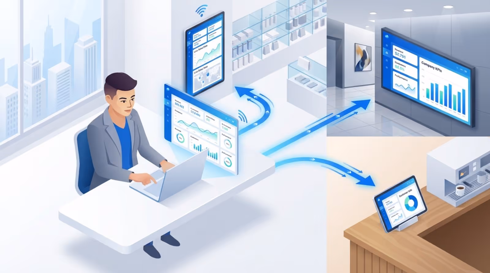 A person at a desk uses a laptop connected to a cloud dashboard, with arrows showing data flow to various digital screens in different environments.