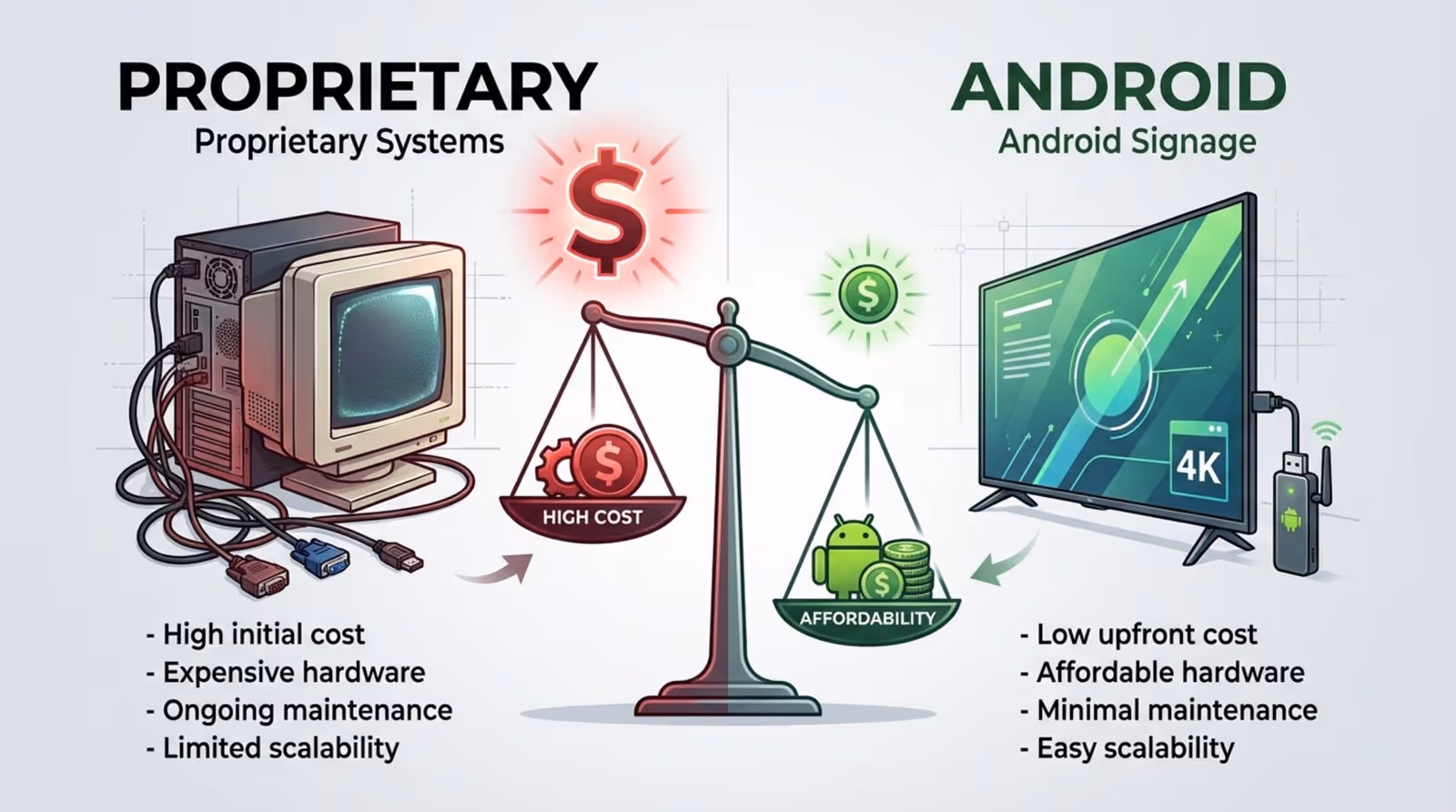 Infographic comparing the costs of proprietary and Android signage systems, highlighting lower costs with Android devices and Smart TVs.