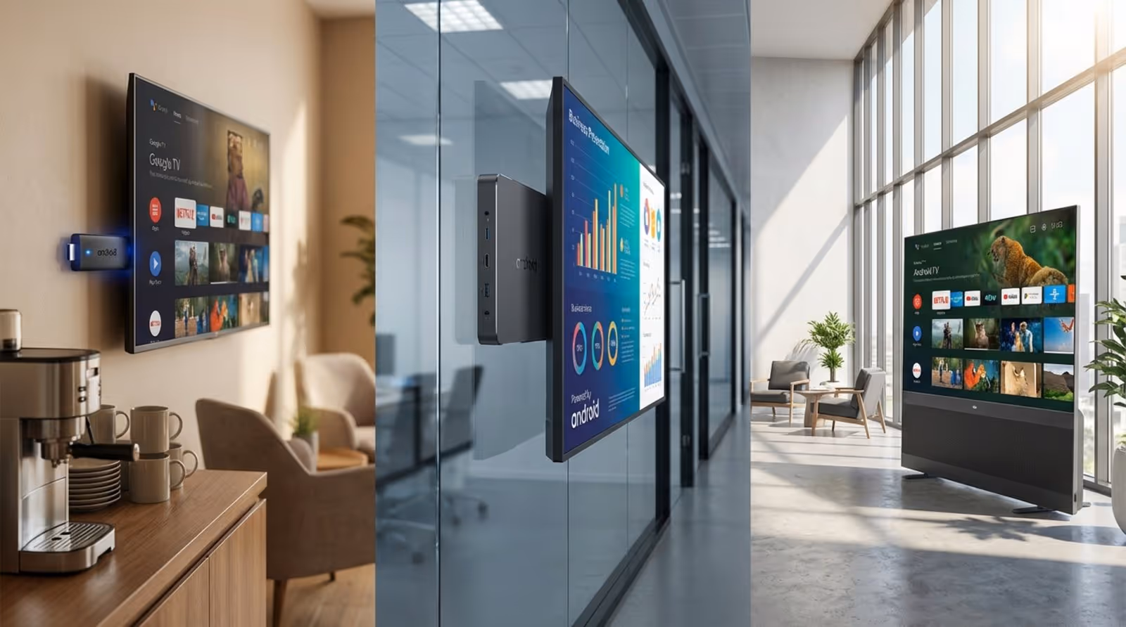 A realistic depiction of various Android devices in use within different settings. The image shows an HDMI stick plugged into a wall-mounted TV in a cozy office breakroom, a media player box mounted behind a digital display in a commercial space, and a sleek all-in-one Smart TV in a bright modern lobby.