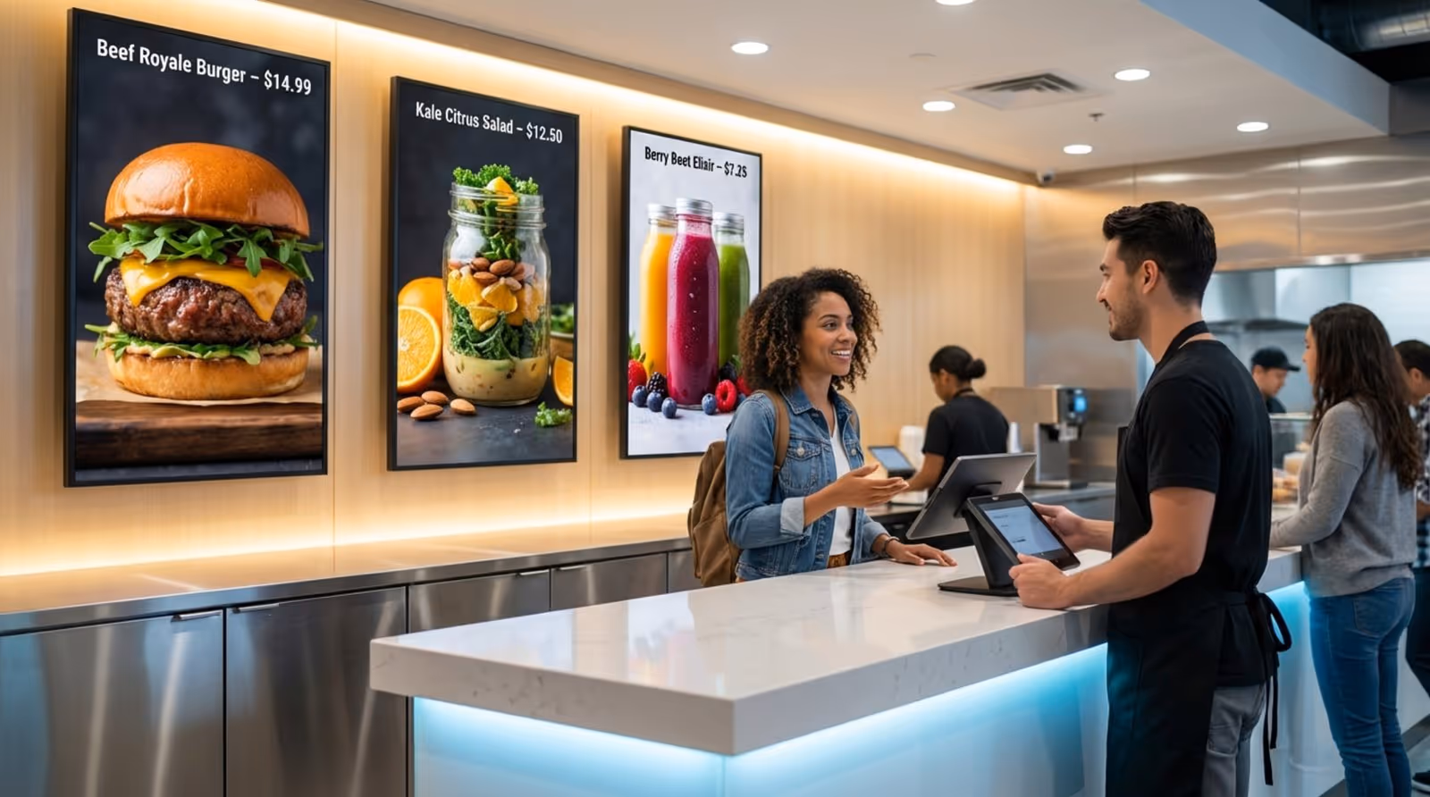 Photorealistic image of a modern fast-casual restaurant counter with digital menu boards displaying gourmet food options and a customer placing an order.