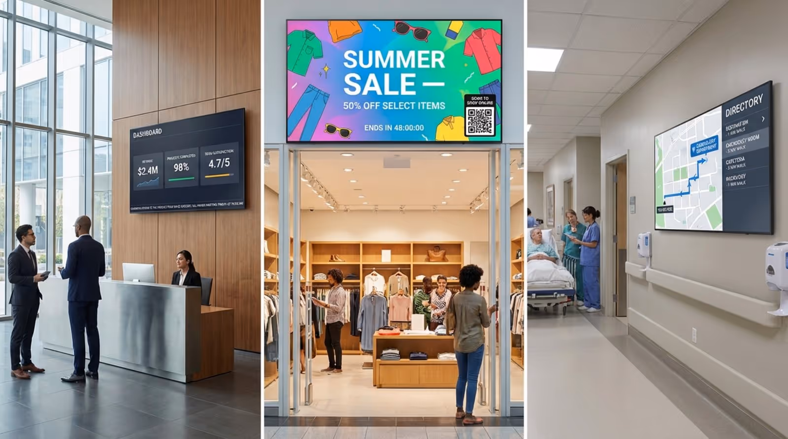 Photorealistic triptych illustrating digital signage in corporate, retail, and hospital settings with screens displaying KPIs, a sale advertisement, and a wayfinding map.