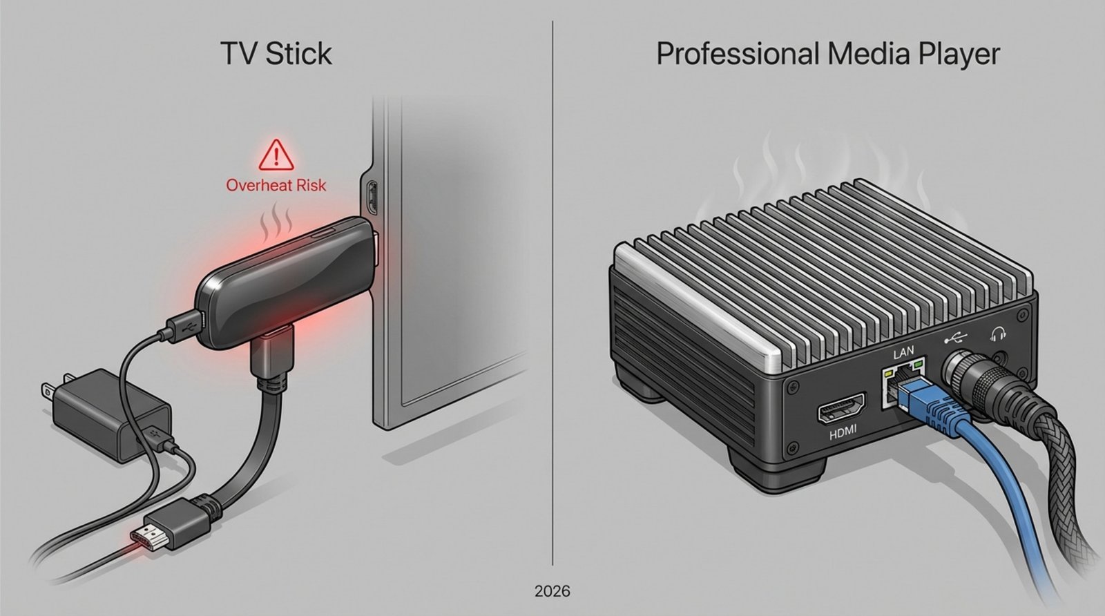 Comparison of a consumer-grade TV Stick and a durable professional media player highlighting build quality and connectivity features.