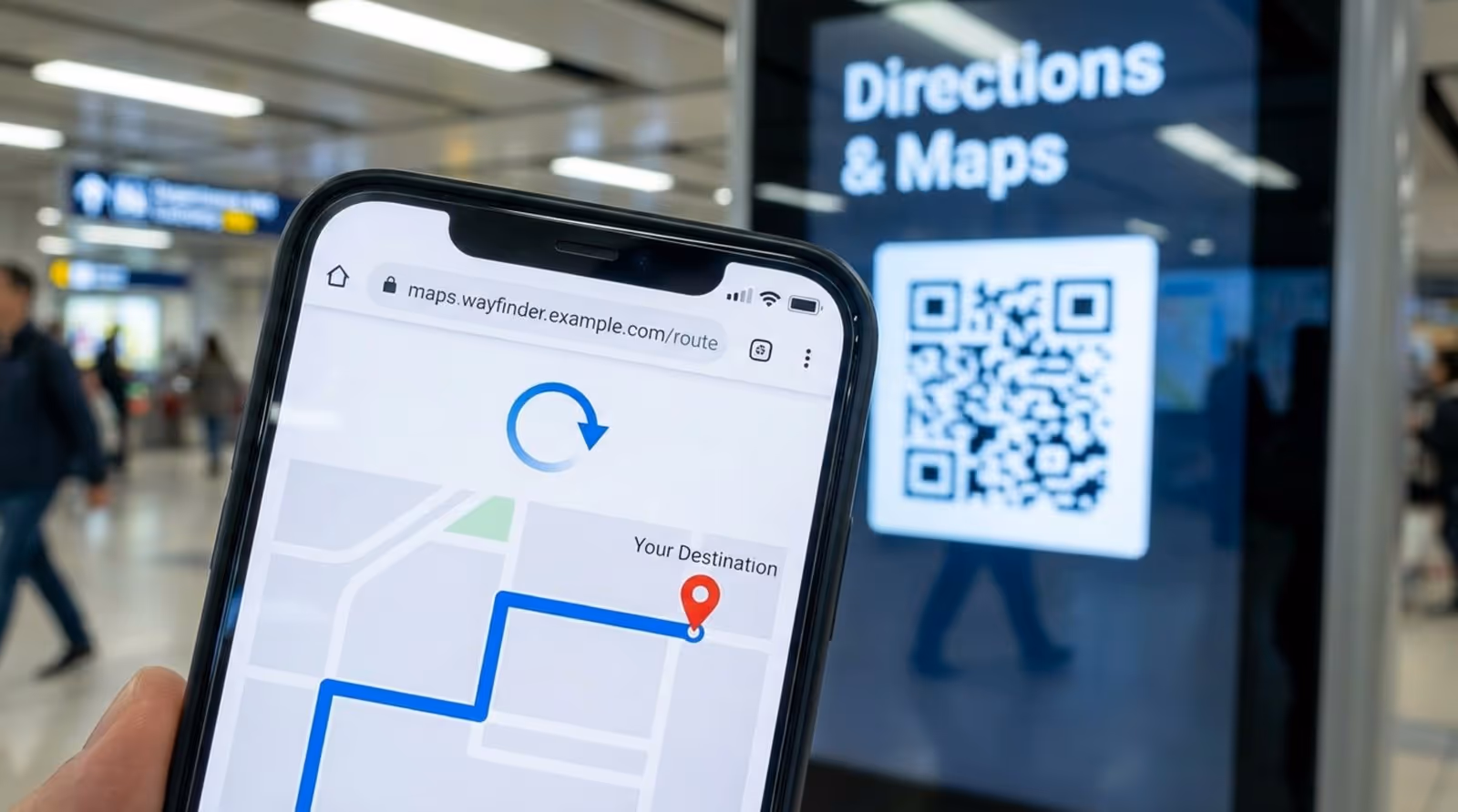Close-up of a smartphone screen loading a web map with a digital wayfinding screen in the background demonstrating seamless directions transfer.