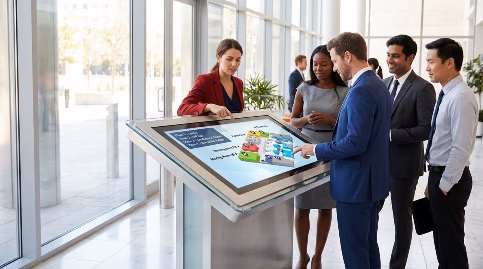 A digital kiosk displaying a 3D building map in a busy corporate lobby with diverse people viewing it.