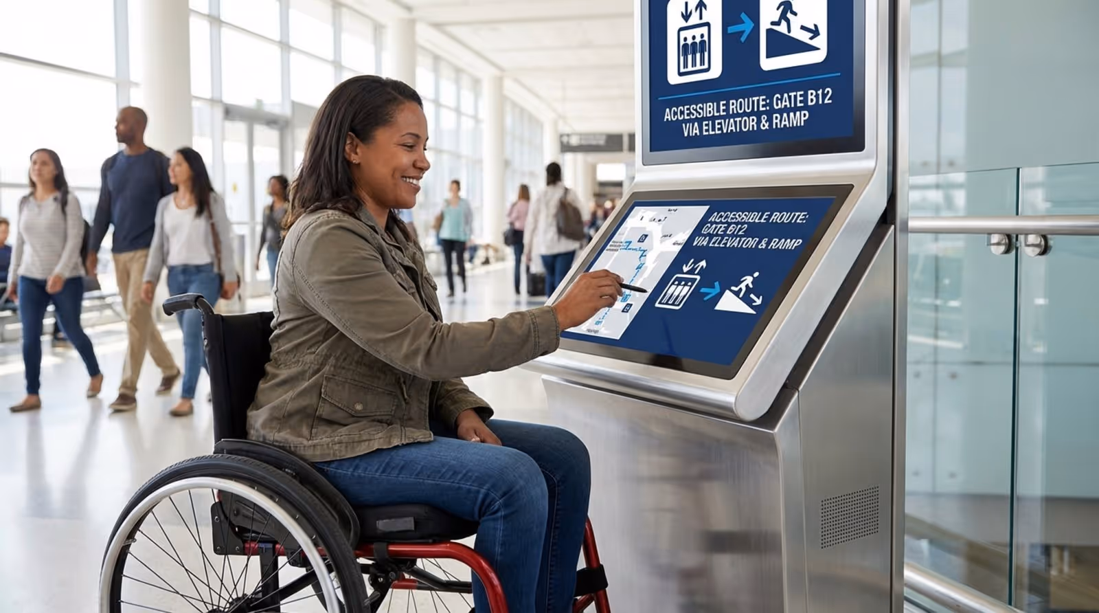 A person using a wheelchair interacts with a digital wayfinding kiosk showing accessible routes with ramps and elevators, emphasizing independence and modern accessibility.