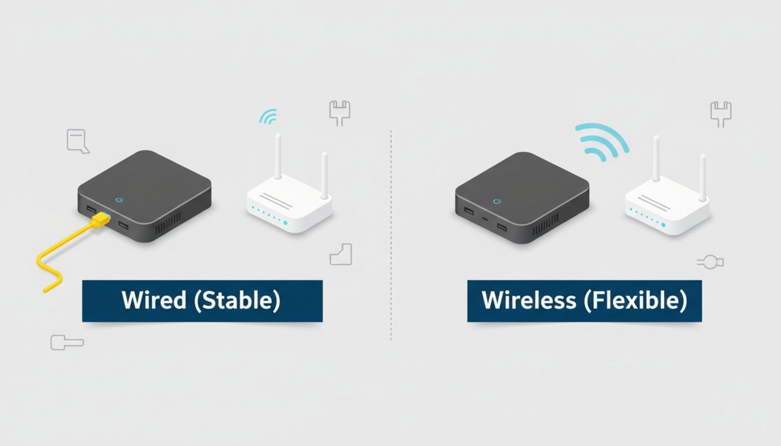A technical illustration comparing wired and wireless connectivity for a digital signage media player showing Ethernet connection and Wi-Fi signals.