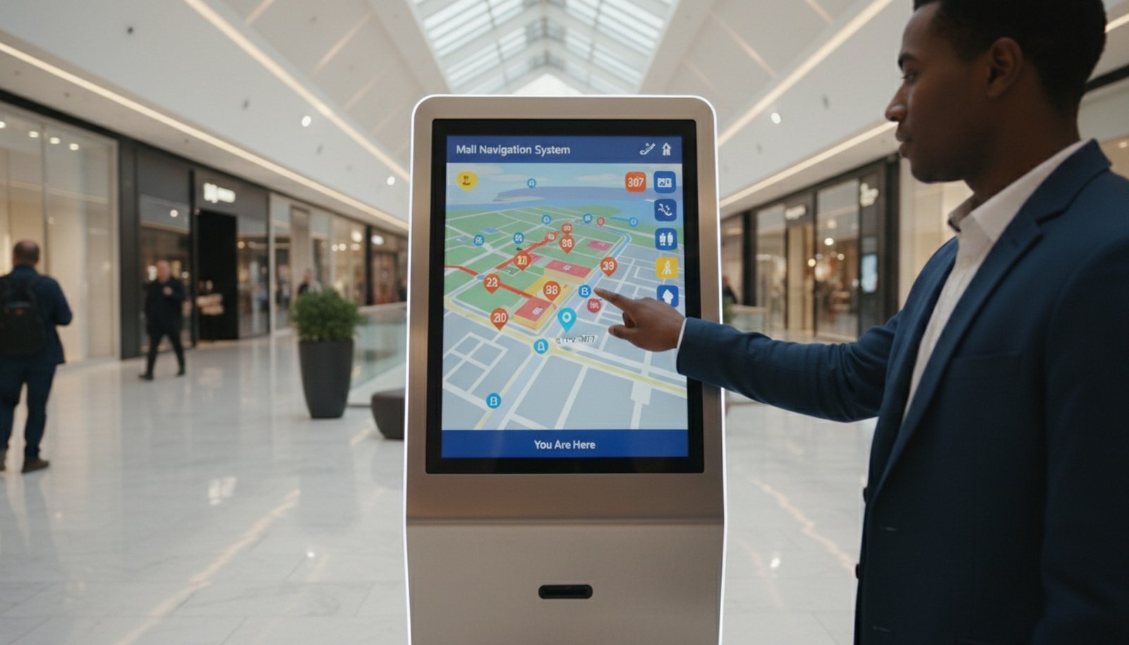 A person interacts with a sleek digital kiosk in a shopping mall lobby, using the touchscreen to view a colorful 3D wayfinding map.