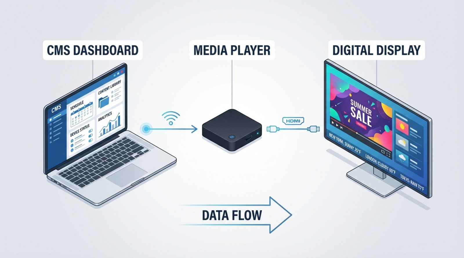 A modern infographic illustrating core components of a digital signage system with a display, media player, and laptop connected by arrows.