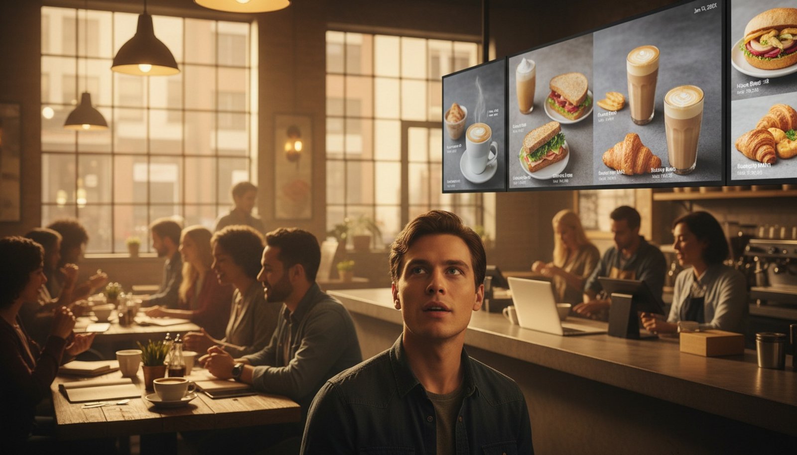 A customer looks up at digital menu boards displaying food and coffee images in a lively cafe.