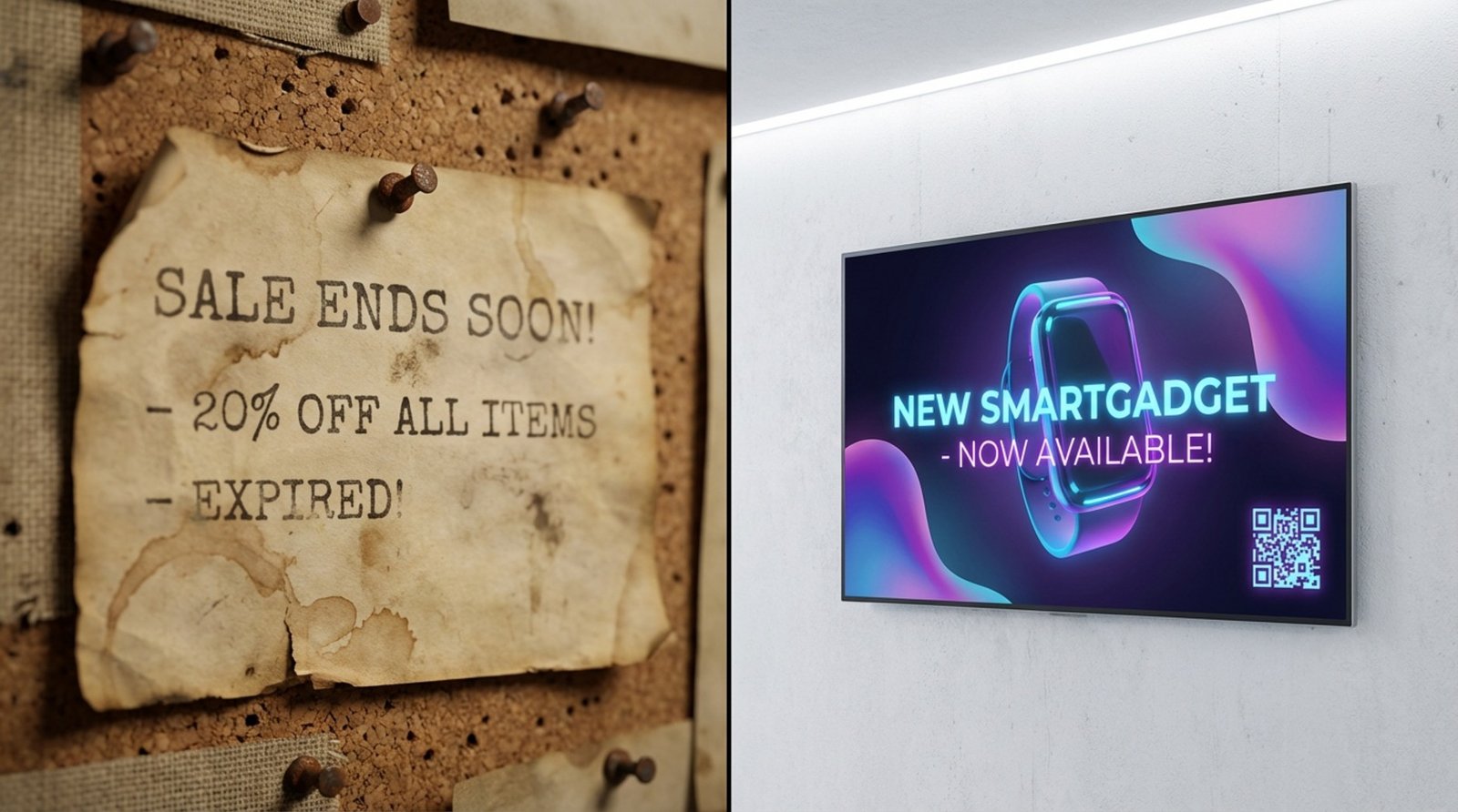 A split-screen comparison highlights the contrast between outdated traditional signage and modern digital advertising with a photorealistic style.