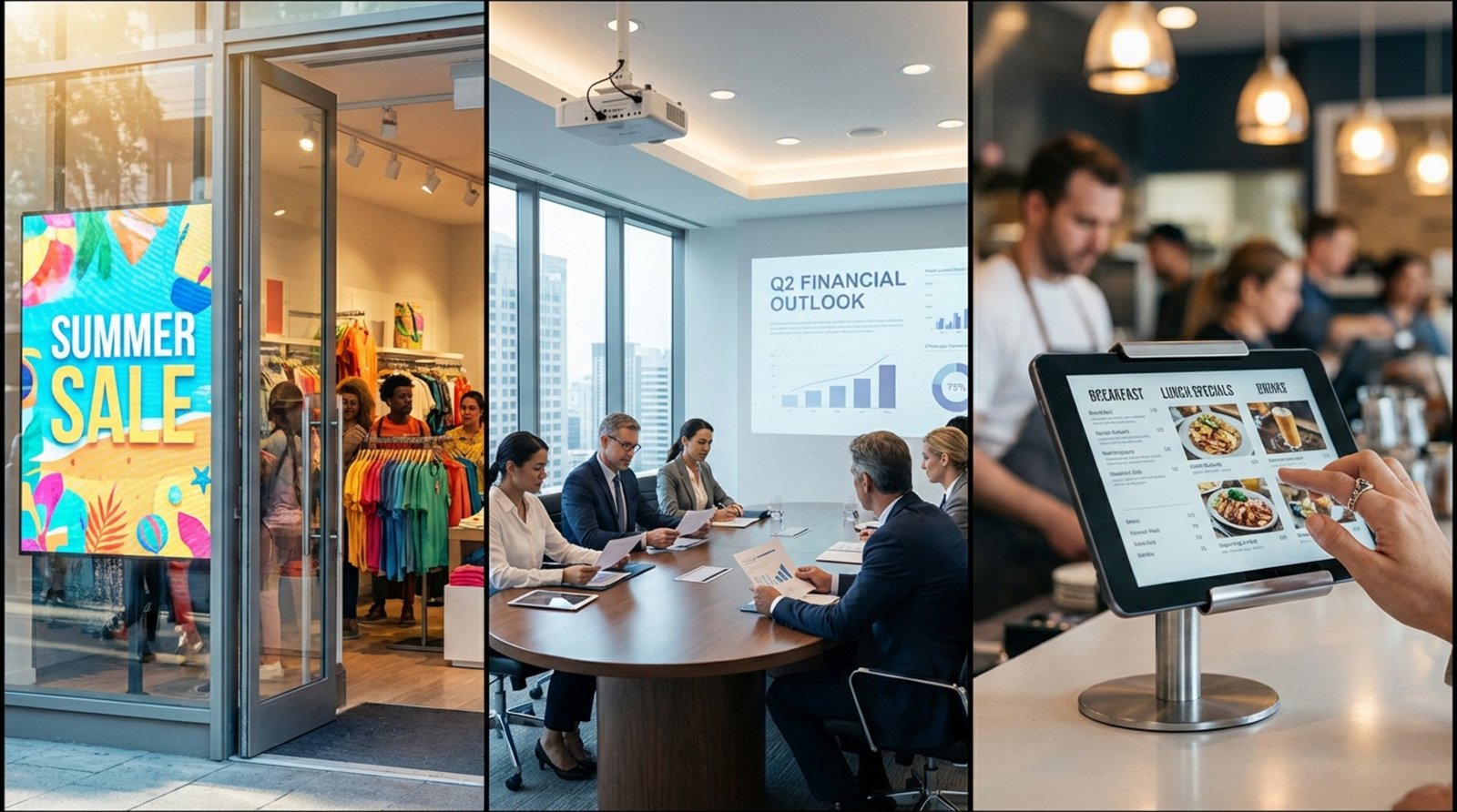 A collage of digital signage displays in different environments including retail, corporate, and restaurant settings.