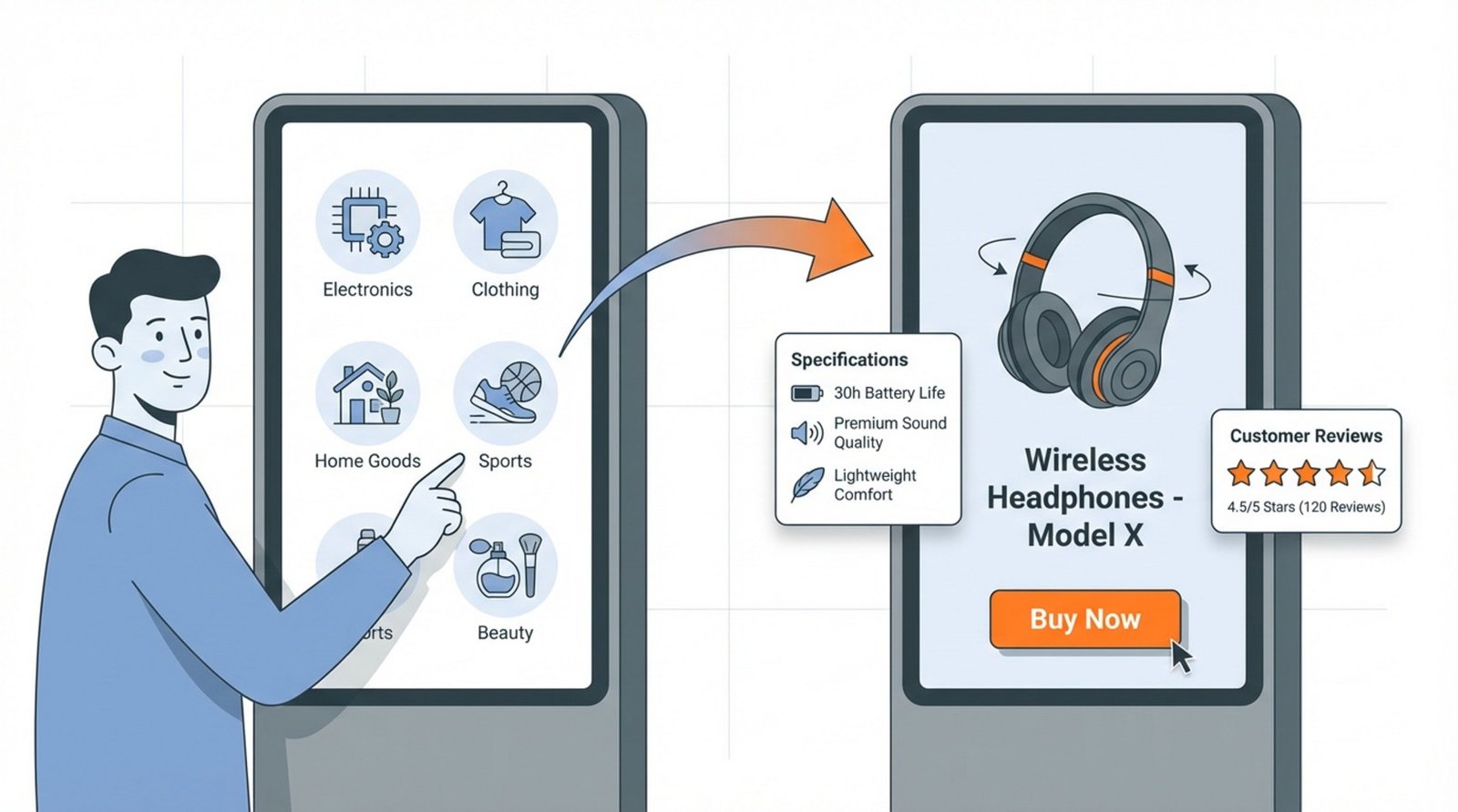 A diagram illustrating interactive digital signage with a user engaging with a touch screen to view product details and make a purchase.