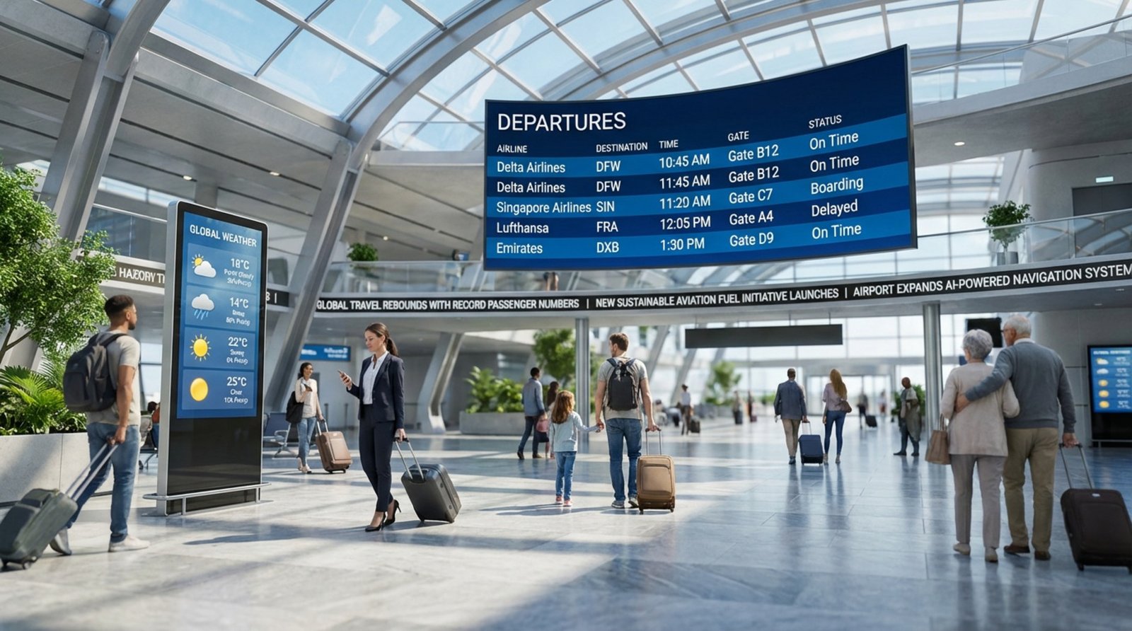Digital signage screens in a modern airport terminal displaying flight times weather forecast and news ticker.
