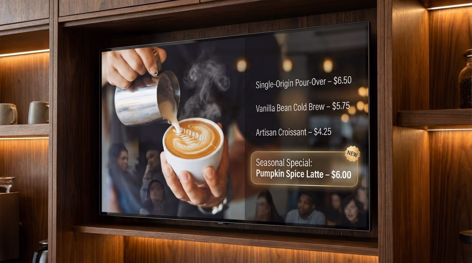 A close-up of a digital menu board in a high-end cafe displaying a barista making a latte with animated steam and highlighted seasonal special.