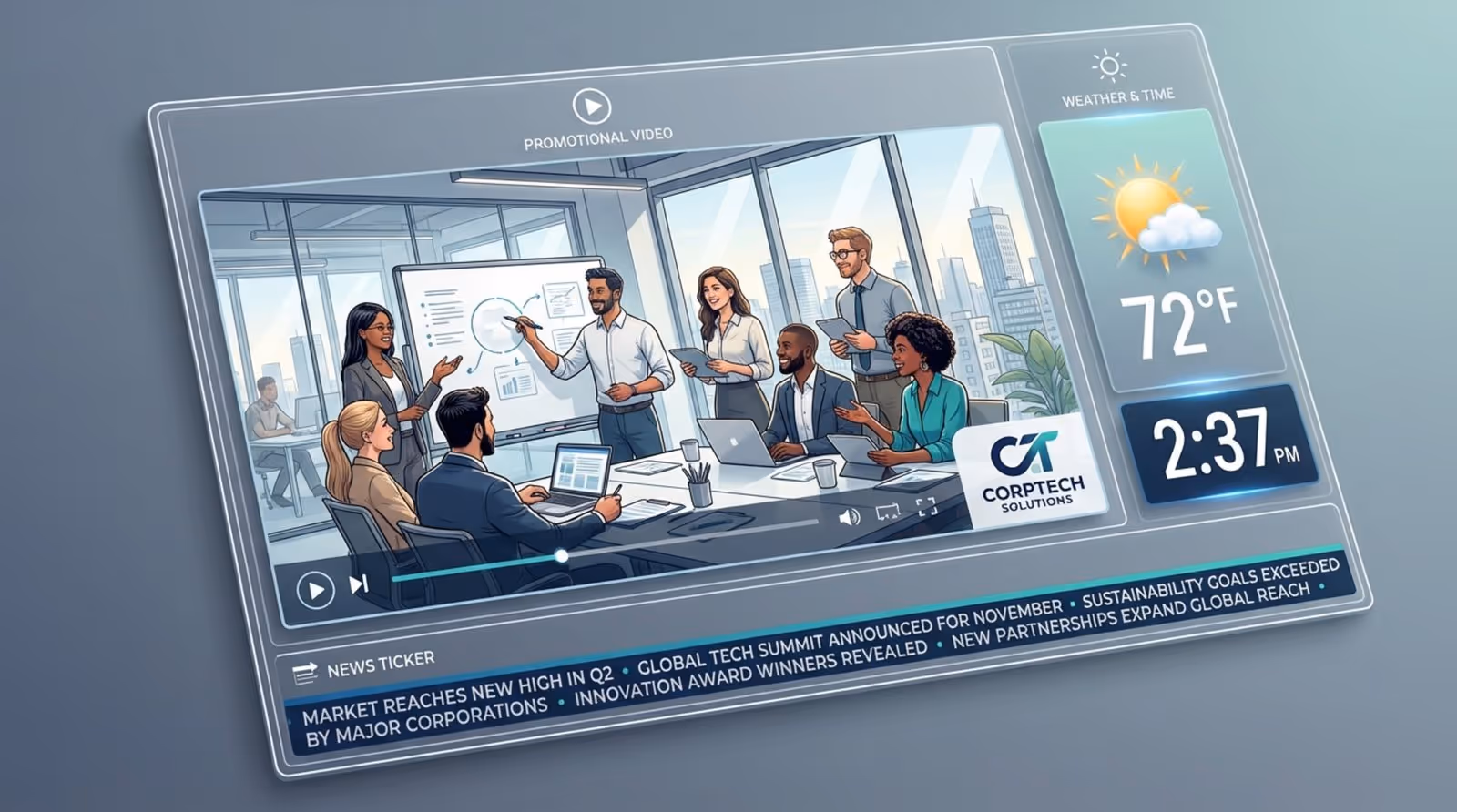 An infographic illustrating a multi-zoned screen layout with a central promotional video, a sidebar showing weather and clock, and a footer with a news ticker, demonstrating efficient screen space usage.